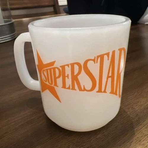 Vintage white and orange Milk Glass Mug Coffee Cup “Superstar” by Federal Glass 