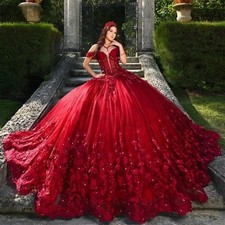 Glitter Burgundy Quinceanera Dress 3D Floral Applique Bead Corset Sweet 16 Gown