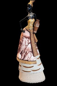 African Woman Figurine with Elephant Artwork Dress – Resin Decorative Statue