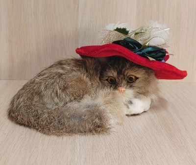 Rabbit Fur Christmas Cat Realistic Laying Down With Hat