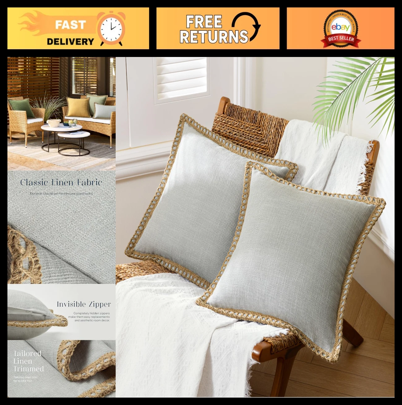 Farmhouse Decorative Throw Pillow Covers - Burlap Linen Trimmed, 18"x18" (Set of