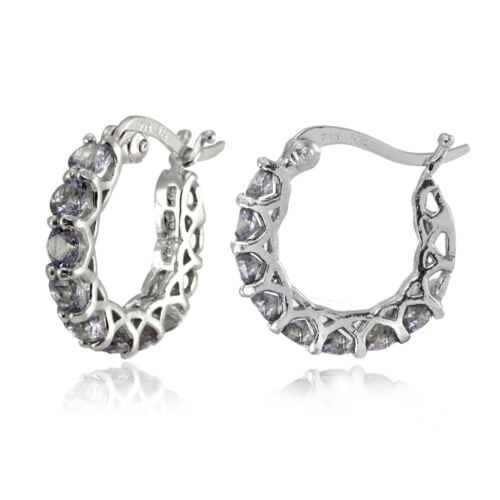 Sterling Silver Gemstone Birthstone Small Round Huggie Hoop Earrings - Picture 9 of 13