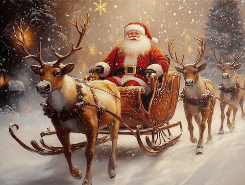 Santa Claus And Reindeer Sleigh in Winter Forest Art Xmas Cozy Home Decor Poster - 第 1/1 張圖片