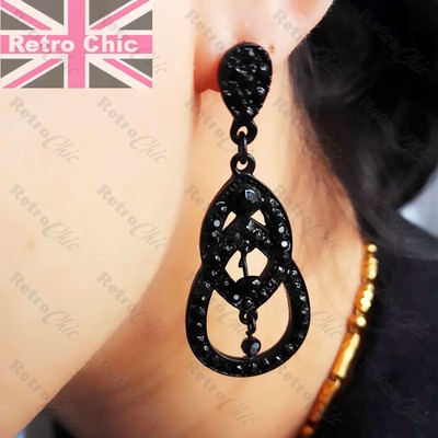 2'' SCHWARZE OHRRINGE Jet Kristall ANTIKER STIL viktorianische TRÄNE Vintage STRASS