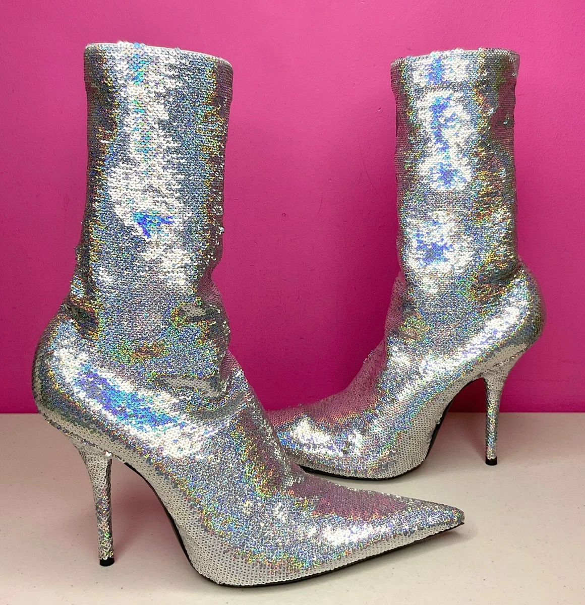 2 190 Celebrity BALENCIAGA Silver GLITTER Knife Mid Calf Sock Boot 39.5 US 9.5