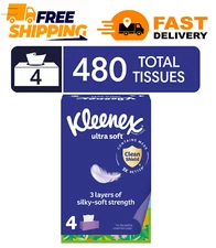 Kleenex Ultra Soft Facial Tissues, 4 Flat Boxes, 120 Tissues per Box, 3-Ply