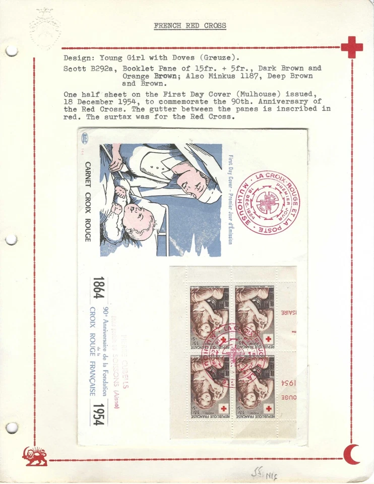 FRANCE 1954 RED CROSS SCOTT # B292A BOOKLET OF 4 TIED TO FIRST DAY COVER - Image 2 of 2
