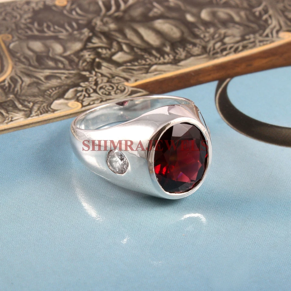 Anello In Argento Sterling 925 Con Gemma Di Granato Naturale Per Uomo #174 - Immagine 2 di 3