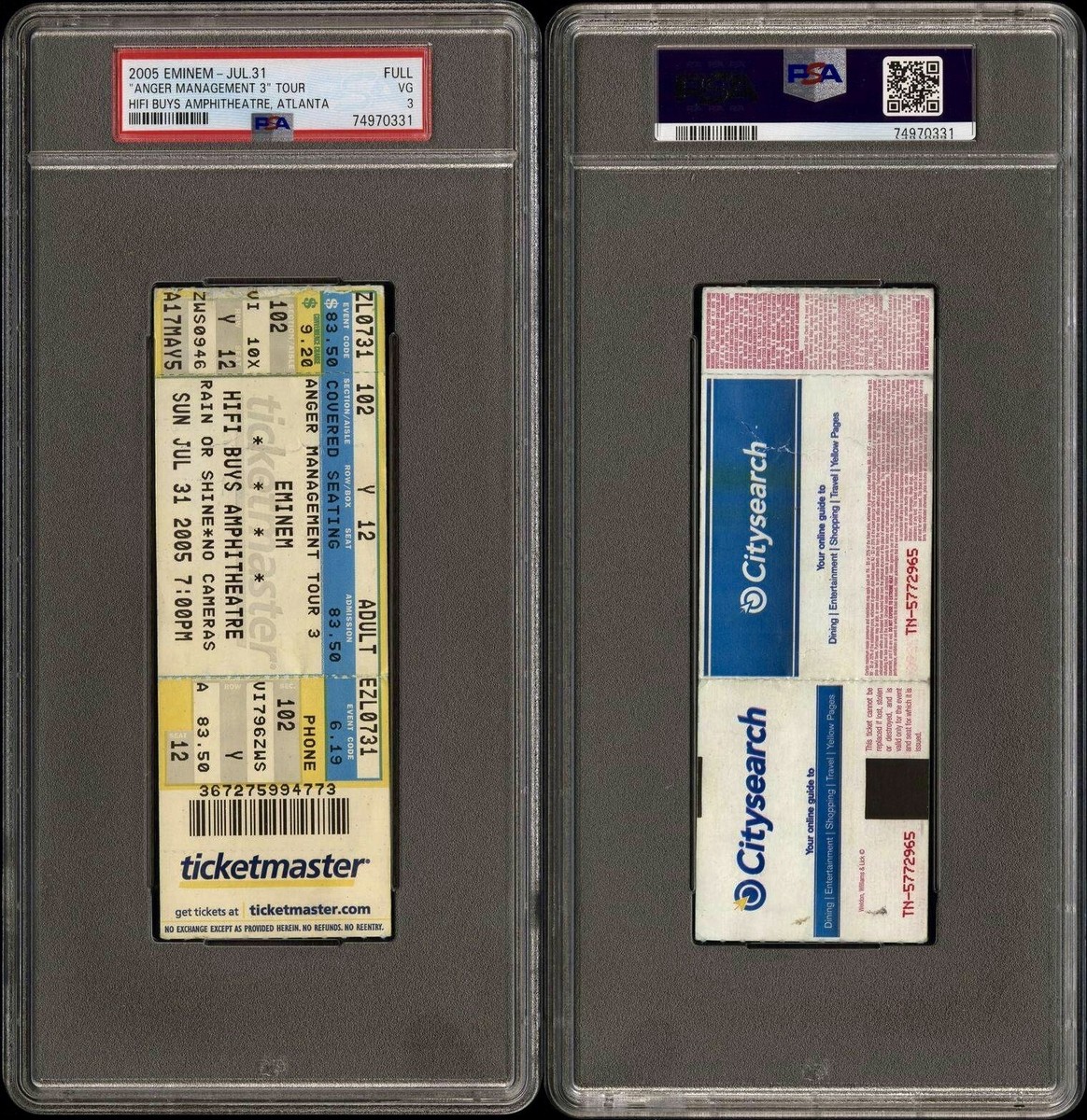 EMINEM ANGER MANAGEMENT 3 TOUR CONCERT FULL TICKET 7/31/2005 HIFI