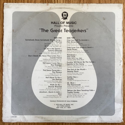 Hall Of Music Proudly Presents "The Great Tearjerkers” 33 1/3 rpm LP, HMI900 - Picture 2 of 6