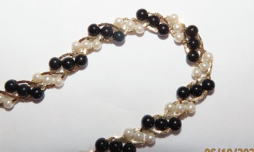 Trifari necklace; goldtone, white faux pearls; black beads; woven; 22 inches - Picture 3 of 7