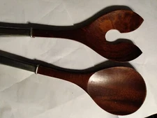 Vintage Lenox Wooden Long Salad Fork And Spoon w/ Twisted Silver-Plated Handles