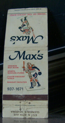 Vintage Matchbook Cover A4 Arizona Glendale Max's Gridiron Beef Room Sports