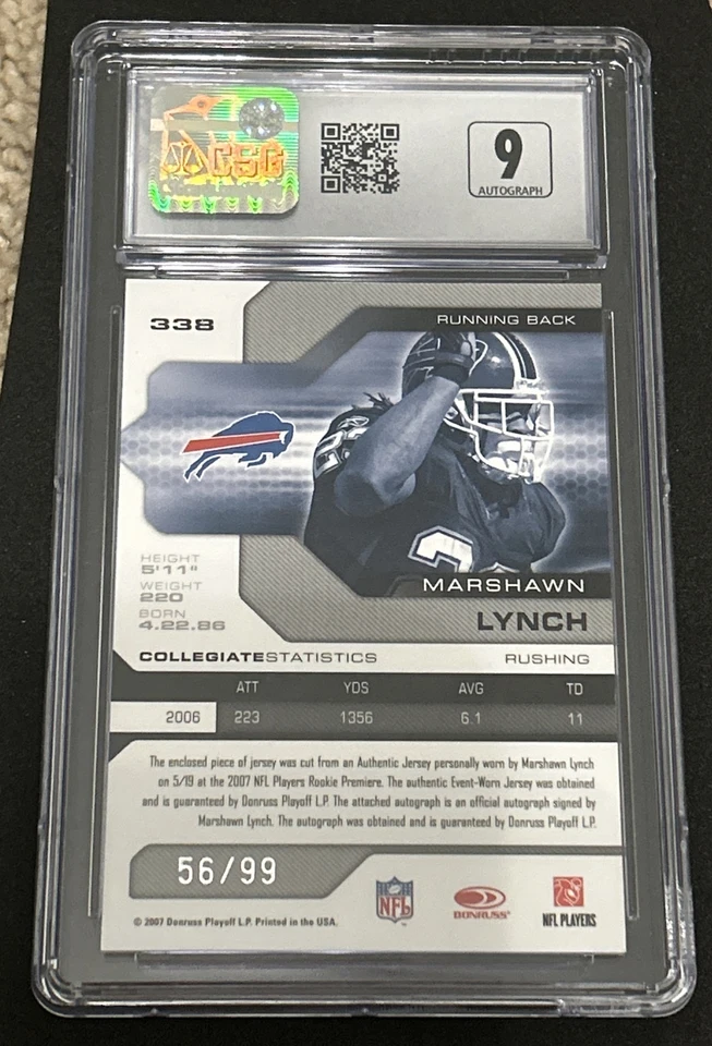 2007 Donruss Leaf Limited Marshawn Lynch Rookie Patch Auto #/99 CSG CGC 9 - Image 3 of 3