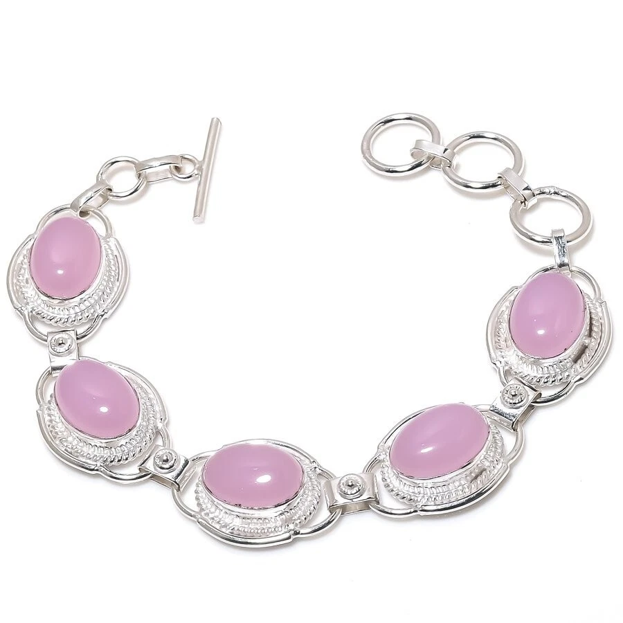 VALENTINO Bracciale gioiello argento sterling 925 fatto a mano pietra preziosa quarzo rosa misura 7 8''