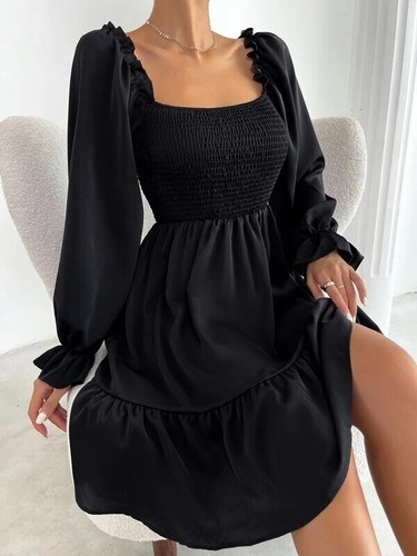 Hot selling new minimalist square neckline dress with ruffled hem and hem - Picture 12 of 29