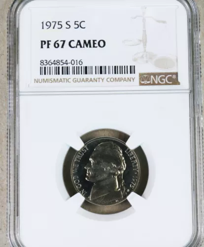 1975 S Proof Jefferson nickel graded by NGC PF 67 CAMEO