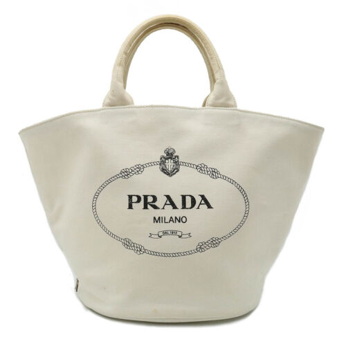 PRADA 1BG163 Canapa Tote Bag Canvas Leather White Pouch Shoulder Strap Missing - Picture 1 of 8