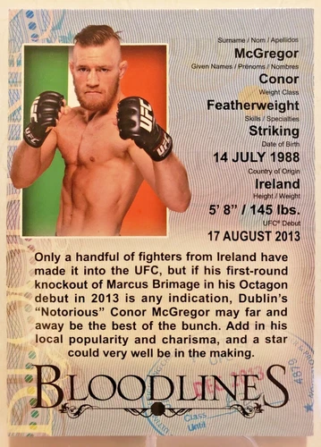 2013 TOPPS UFC BLOODLINES #BL-CM CONOR MCGREGOR BIO ROOKIE CARD (RC) INSERT