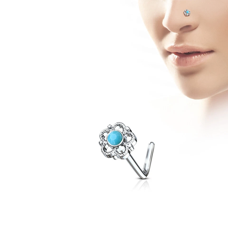 Flower Filigree Turquoise Stone 316L Surgical Steel L Bend Nose Studs Rings - Image 4 of 4