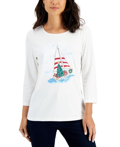 Karen Scott Holiday Sail Embellished White Classic Top Women's Size Large NWT