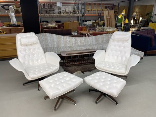 Restored Mid-Century Modern George Mulhauser Style Lounge Chairs With Ottomans
