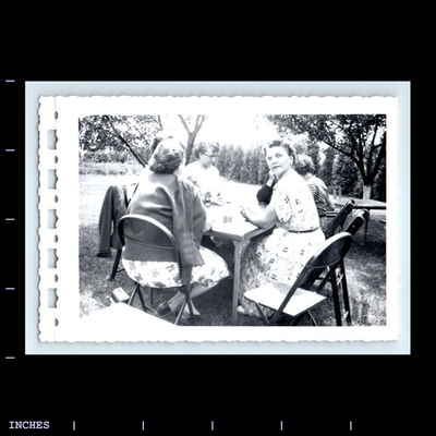 #ad Old Vintage Photo WOMEN SITTING AROUND TABLE IN YARD $1.60