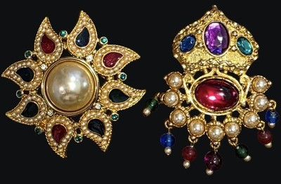 A Pair Kenneth J Lane KJL Mogul Jewels India LG Multi Color Cab & Pearl Pins Two