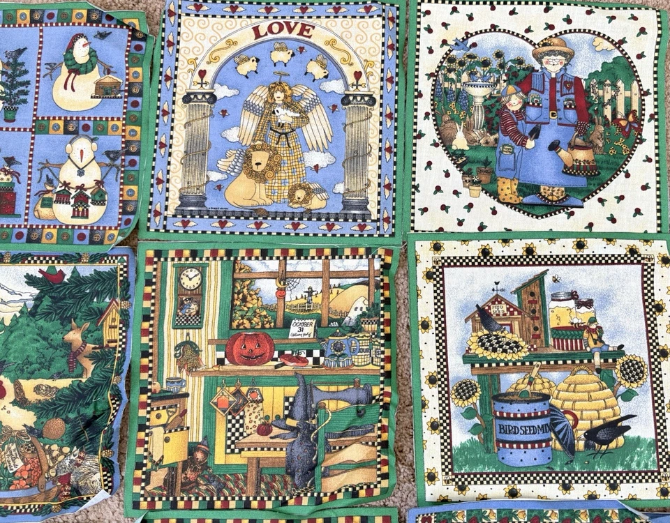 "Calendario de vacaciones vintage Debbie Mumm bloque de edredón cuadrados de algodón 16 cuadrados 8,5""" Foto 4 de 4