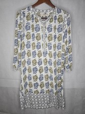 LOFT Shift Dress White Blue Green Floral Knee Length Side Slits Vacation Resort