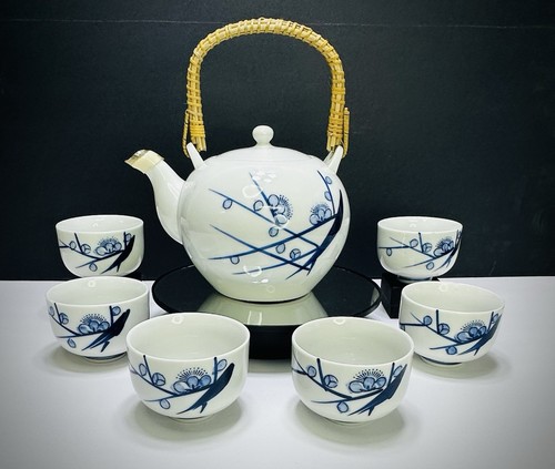 Set da tè 7 pezzi vintage in gres giapponese 1960 blu e bianco - Foto 20 di 20