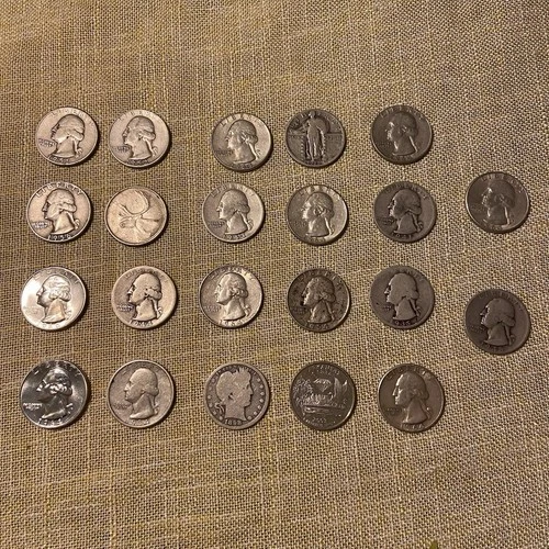 Lot of 22 90% Silver Washington, Standing Liberty, Barber Silver Quarters