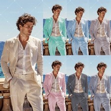 Linen Men's Suits Summer Formal Business Wedding Groomsmen Tuxedo Beach 2 Pieces