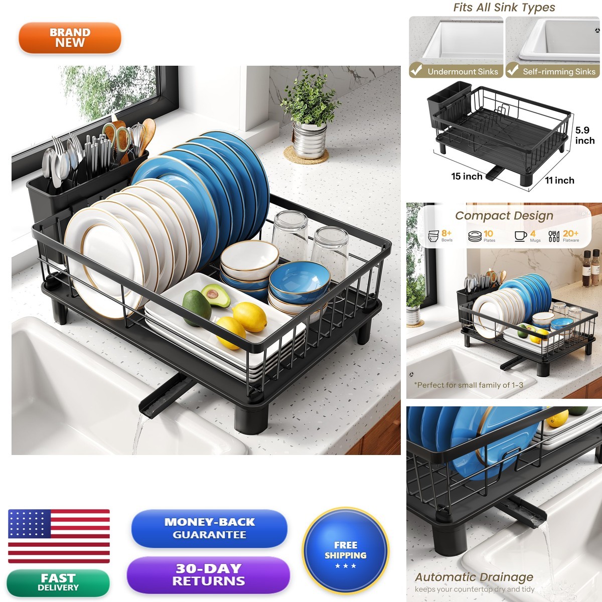 SNTD Dish Drying Rack 11" x 15" Black Stainless Steel with Utensil Holder