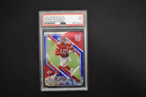 Patrick Mahomes 2021 Donruss Elite Blue Status Explosion /275 Chiefs PSA 7 NM