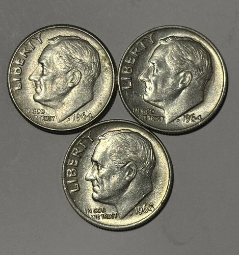 Lot of (3) Three Roosevelt Dimes - 90% Silver - All 3 are 1964 P - Very Nice
