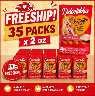 35 Packs -Hartz Delectables Squeeze Up Lickable Puree Cat Treats - Tuna & Salmon