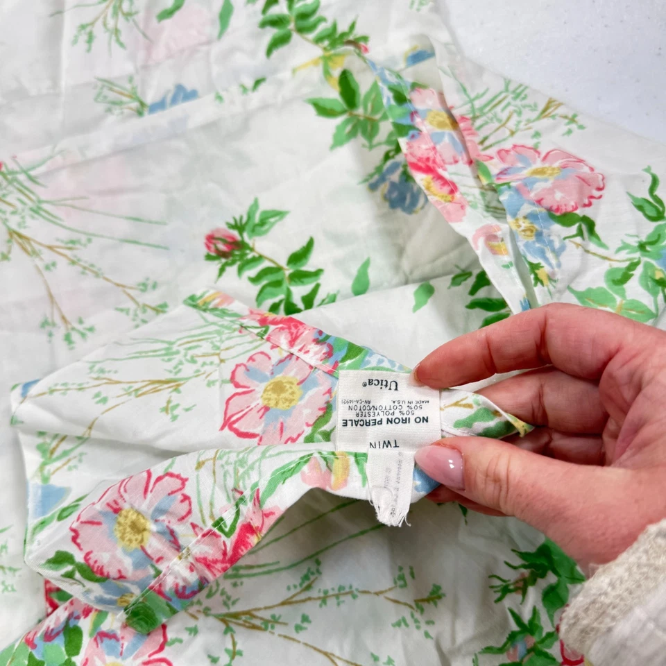 vintage utica flat sheet twin pink blue floral large blooms blend percale usa - Image 2 of 4