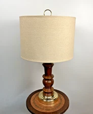 Vintage Mid Century 1950's Hand Turned Wood Table Lamp w/ Gold Thread Shade-USA