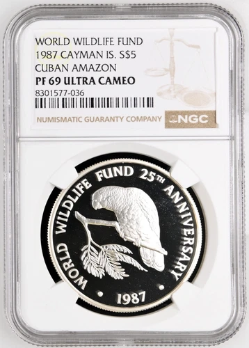 1987 CAYMAN ISLANDS Elizabeth II SILVER S$5 DOLLARS AMAZON PARROT NGC PF 69 UC