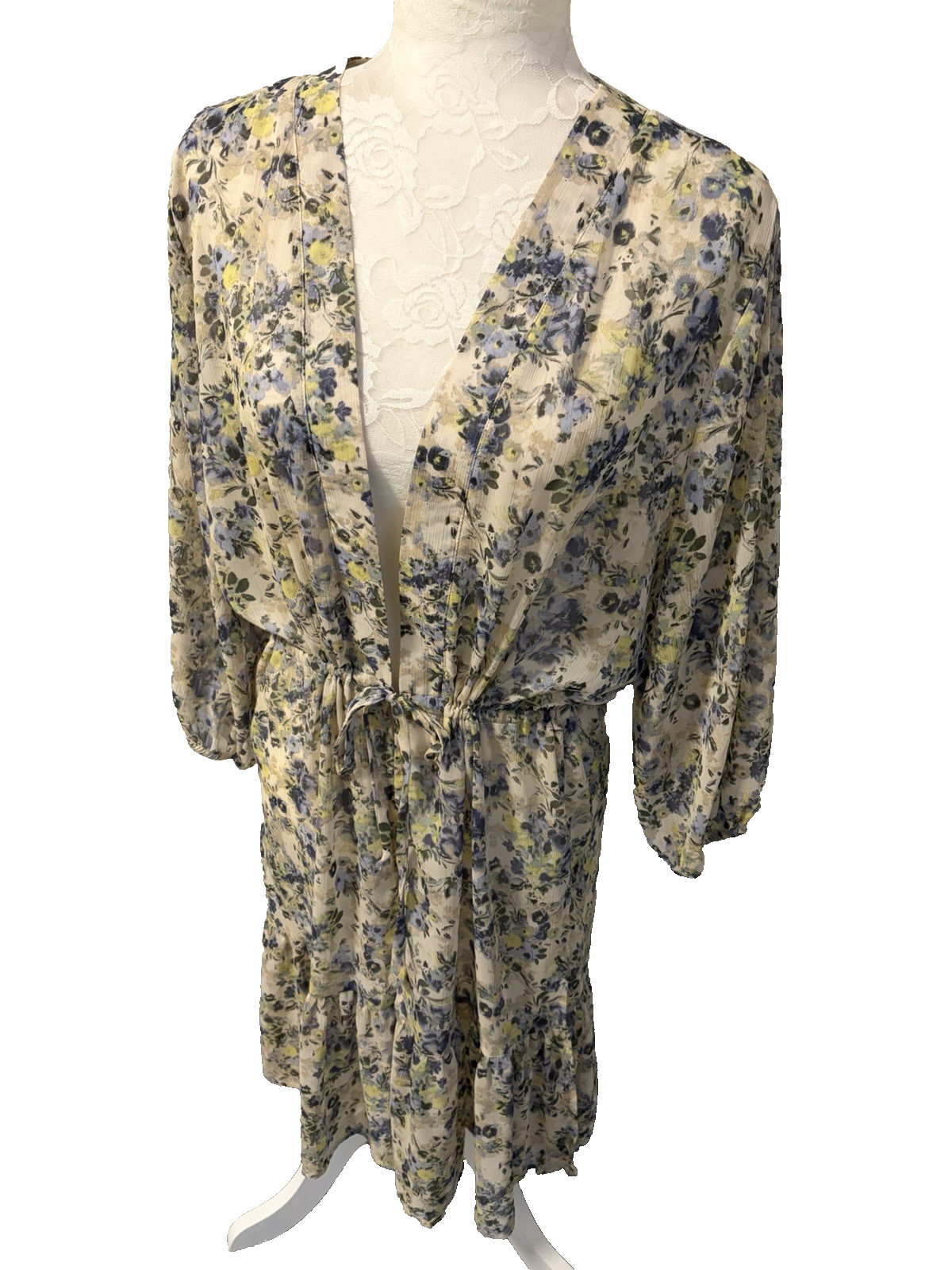 Maurices Blue Floral Chiffon Kimono Duster~L~ Drawstring Wai
