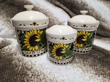 VTG 3 SUSAN WINGET SUNFLOWER CERAMIC KITCHEN CANISTER SET COOKIE JARS 1999