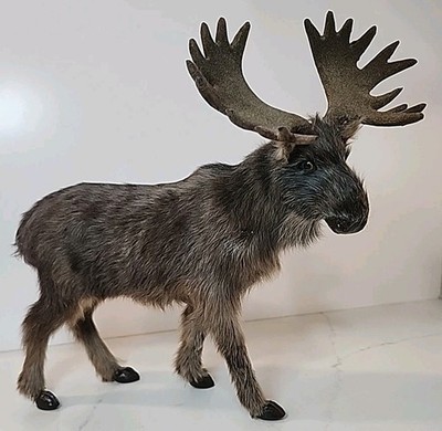 Vintage Real Fur Moose Figurine~Felt Antlers~Realistic~Free Standing