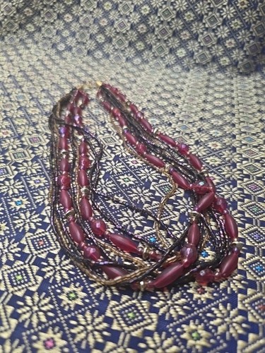 Preloved statement Deep Red and Gold Tones Small Beaded Necklace, Multi Strand 