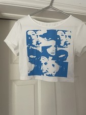 Shein Crop-Top mit grafischem Druck blau-weiß - Größe Small