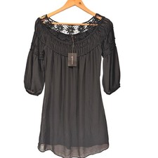 Sheer Black Lace Trimmed Boho Peasant Dress XS
