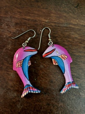 Hand-Painted Balsa Wood Pink River Dolphin Earrings Handmade