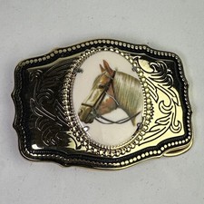 VTG Belt Buckle Horse Stallion Pony Black Gold Floral Pattern Oval Agate Stone