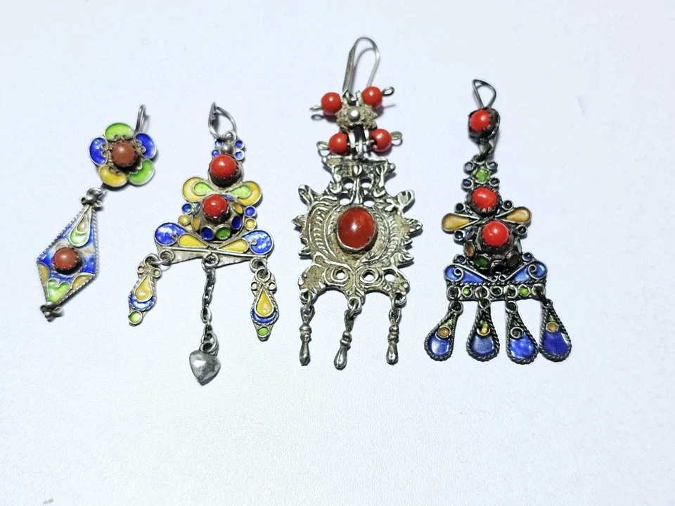 Lot De 4 Boucles D'oreilles Pendentif Berbère Kabyle Ethnique En Argent - Immagine 3 di 4