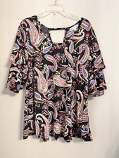 Stem & Vine Top Women 2X Black Paisley Floral Ruffled Sleeves Keyhole Back